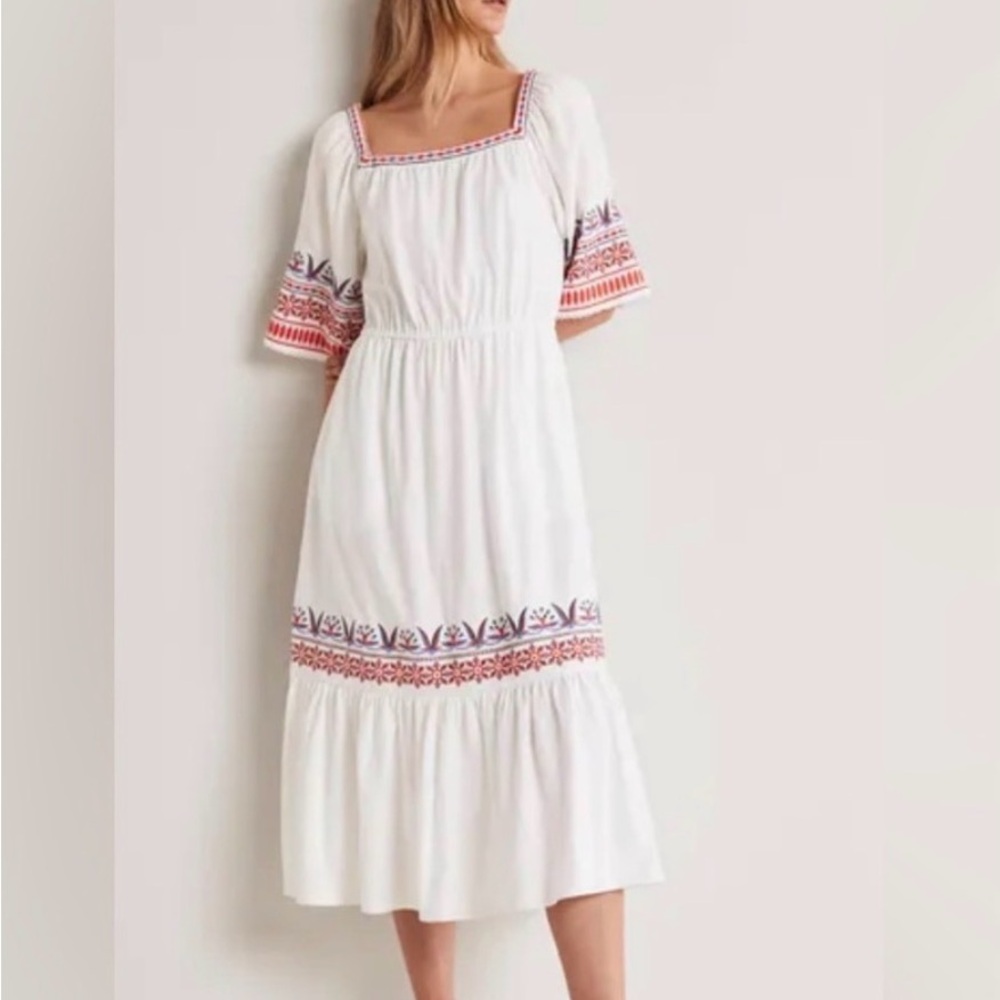 NWT Boden White Jersey Dress with Orange/Pink/Blue/Green Embroidery Size 6
